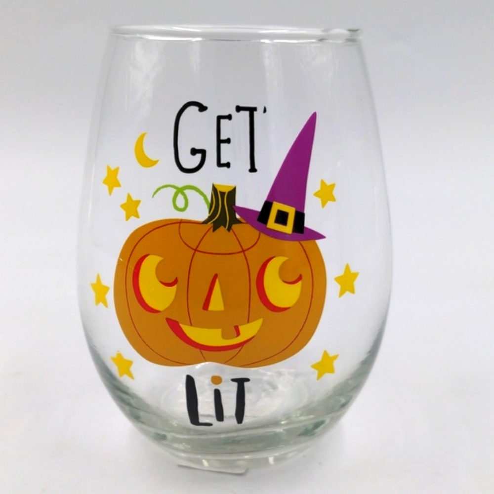 Gerson International Halloween Party Lantern Pumpkin ‘Get Lit’ Wine Glass